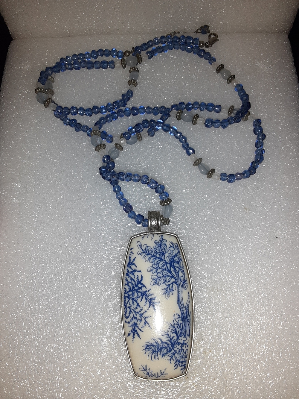 Blue Porcelain Pendant Necklace with Beaded Chain